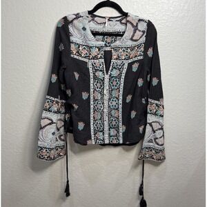 Free People‎ Bandana Bandit Embroidered Peasant Top Sz S (2) Black Boho Festival